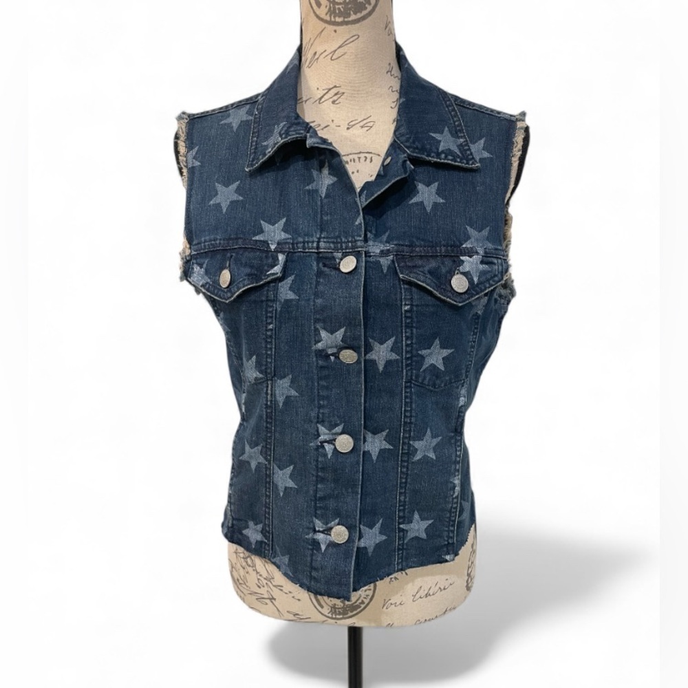 Rock & Republic Star Print Denim Vest Gunshow Frayed Sleeveless Size M